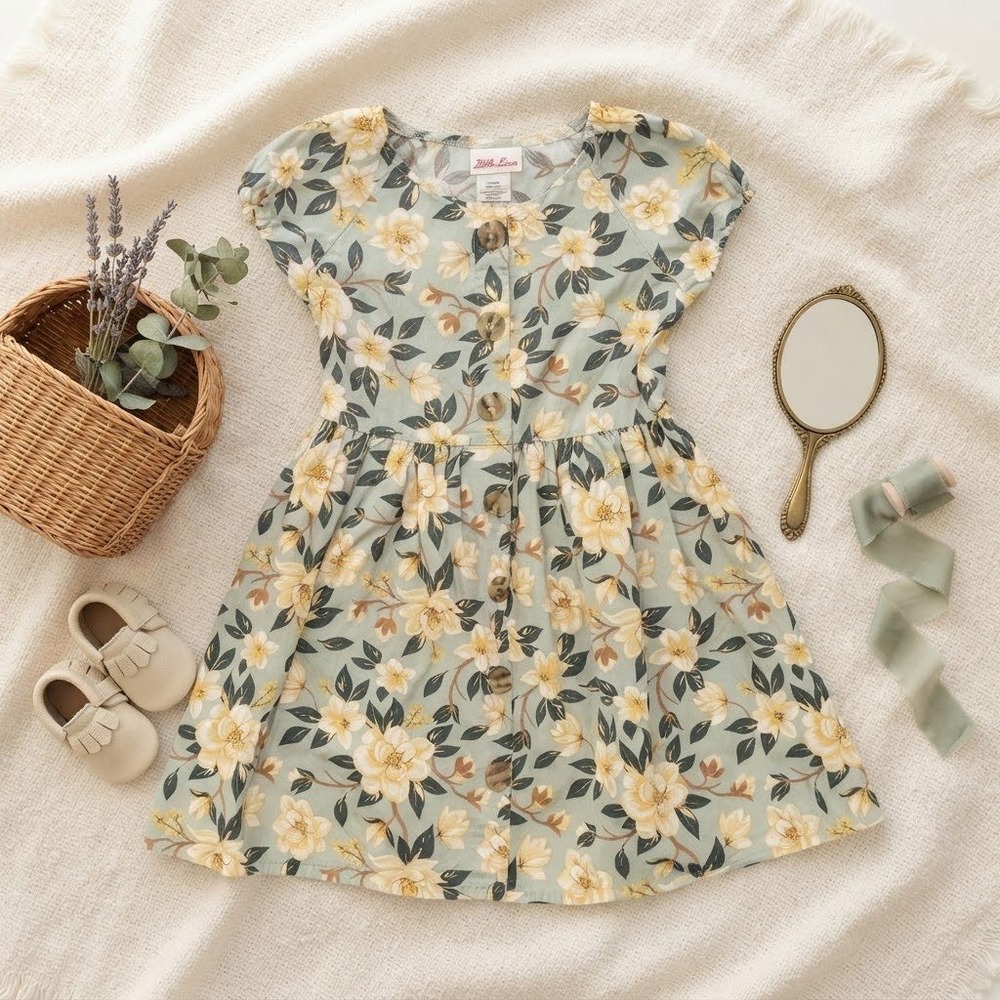 Little Lass Girls Sage Green Floral Button Front Dress Size 5 Short Sleeve